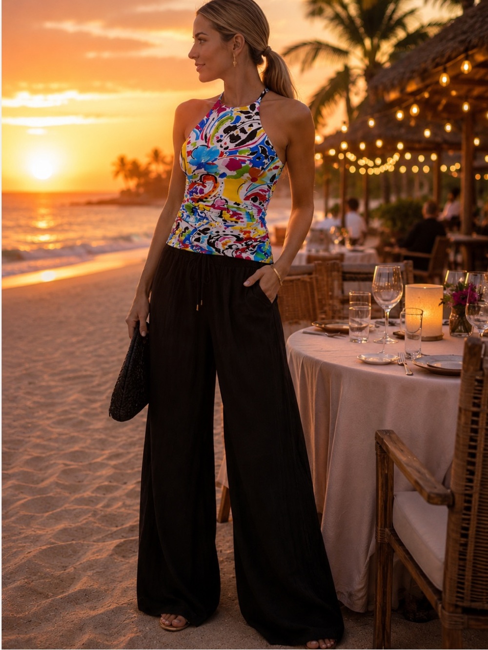Anne Cole High Neck Tankini Top Medium Colorful Abstract Floral Swim Beach Pool